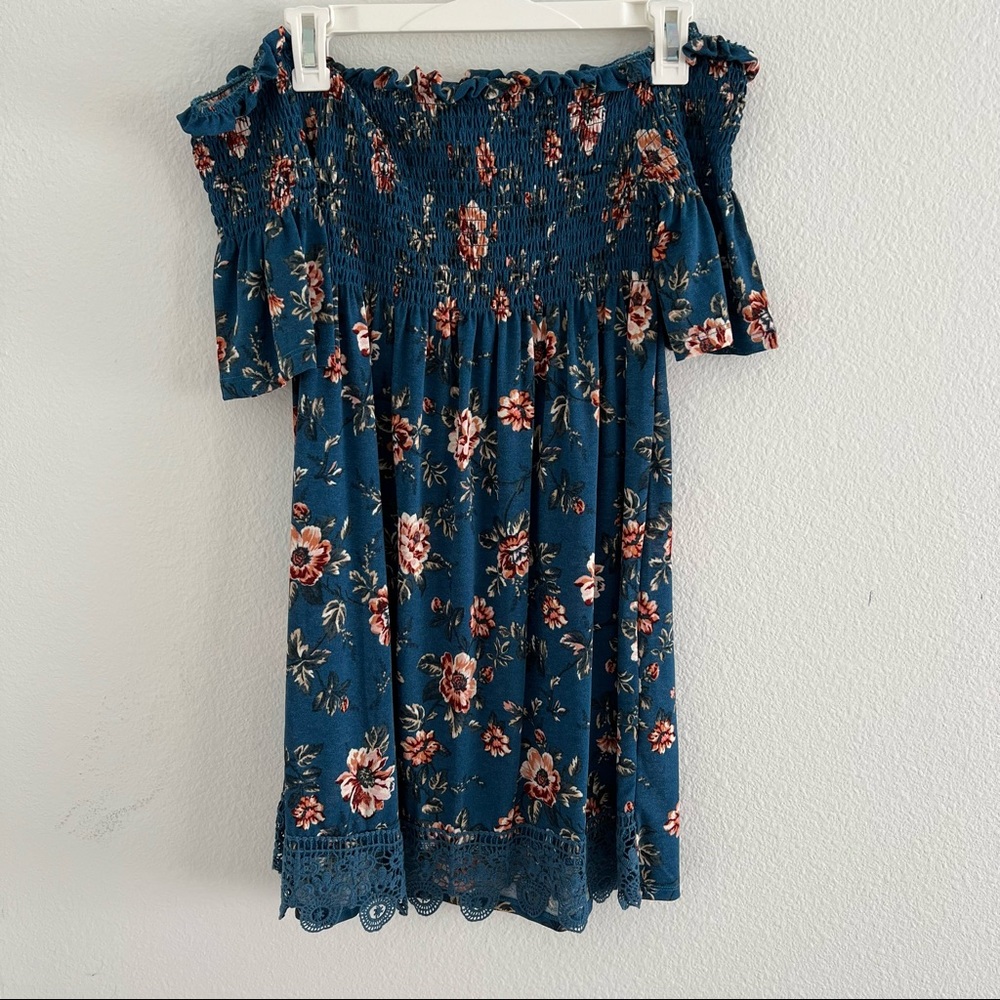 Blue Flowery Off The Shoulder Dress